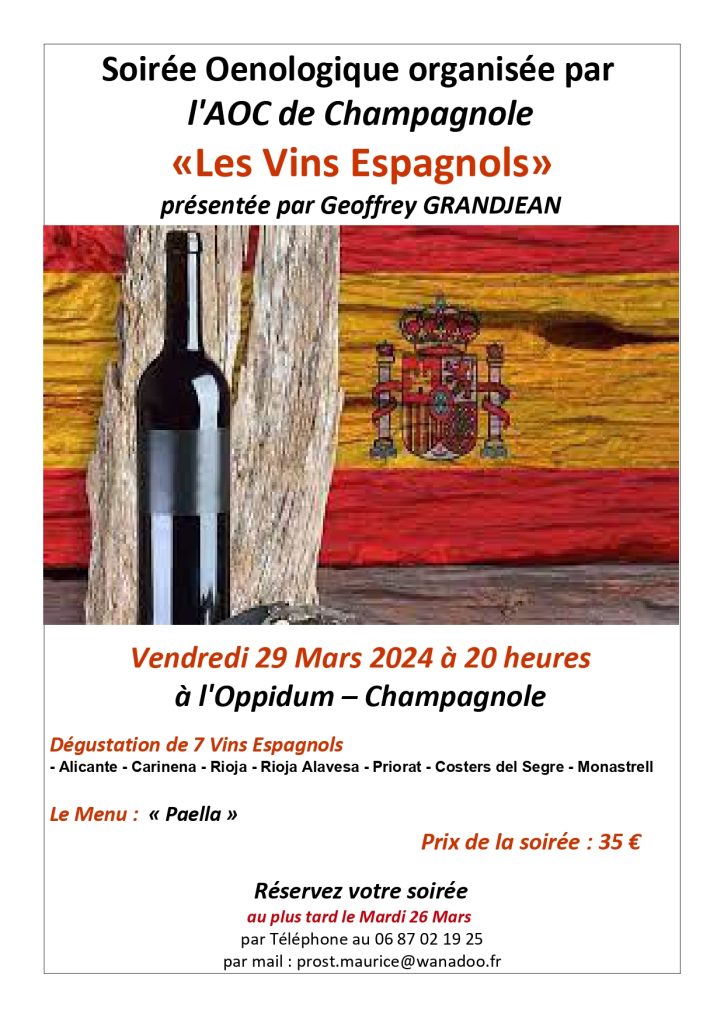 Association Œnologique Champagnolaise : soirée "Les vins espagnols" du 29 mars 2024
